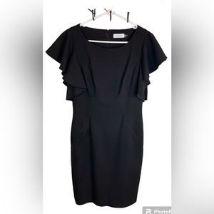CALVIN KLEIN Women's Sz: 6 Black Flutter Sleeves Sheath Cocktail Dress Pockets